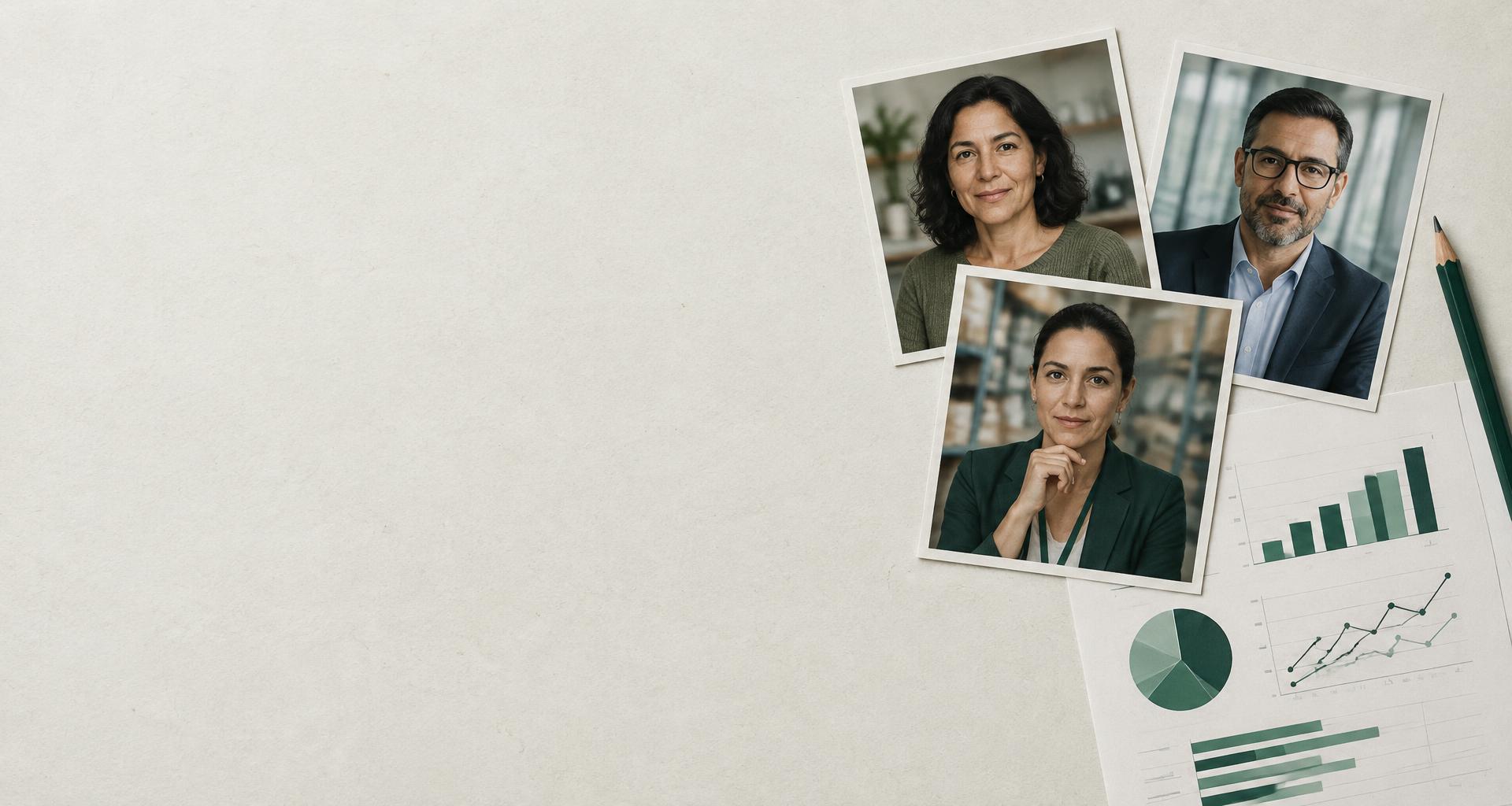 Retratos ilustrativos de consumidores brasileiros sobre uma mesa de pesquisa com gráficos